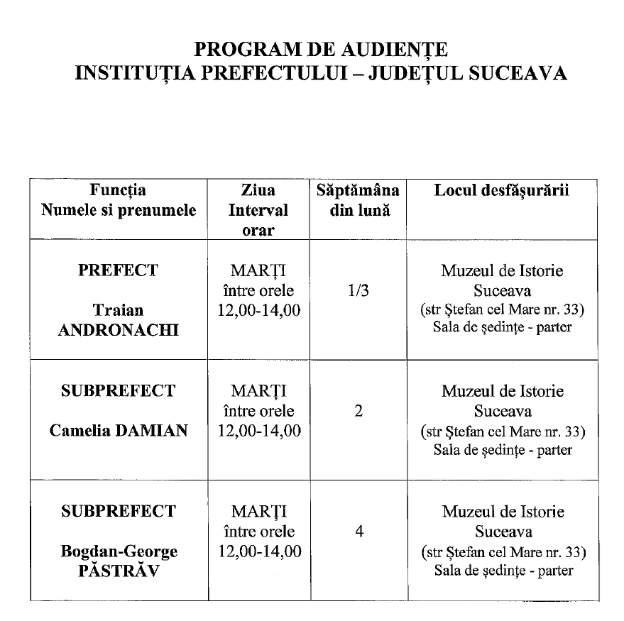 Program de audiențe INSTITUȚIA PREFECTULUI - JUDEȚUL SUCEAVA