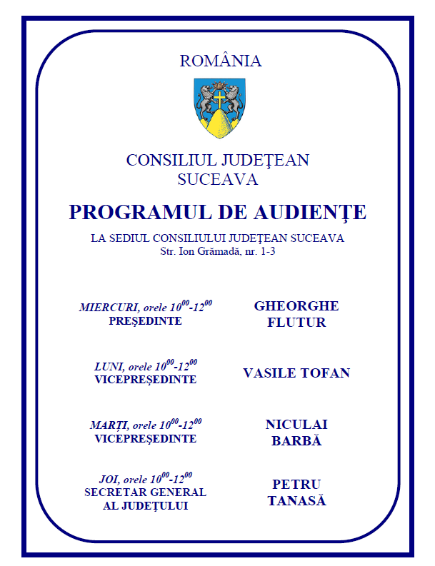 Program de audiențe la Consiliul Județean Suceava 2022