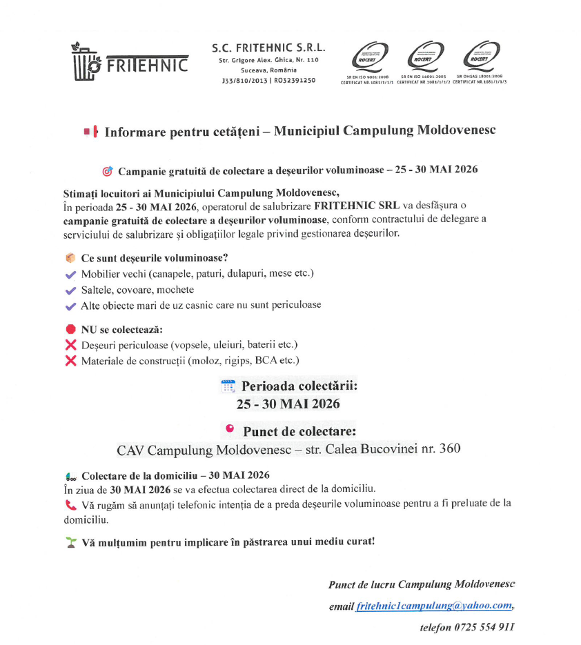 Campanie gratuita de colectare a deseurilor voluminoase in perioada 25-30 mai 2026