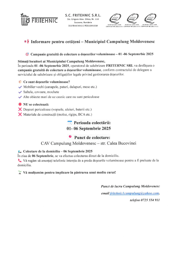 Campanie colectare deșeuri voluminoase